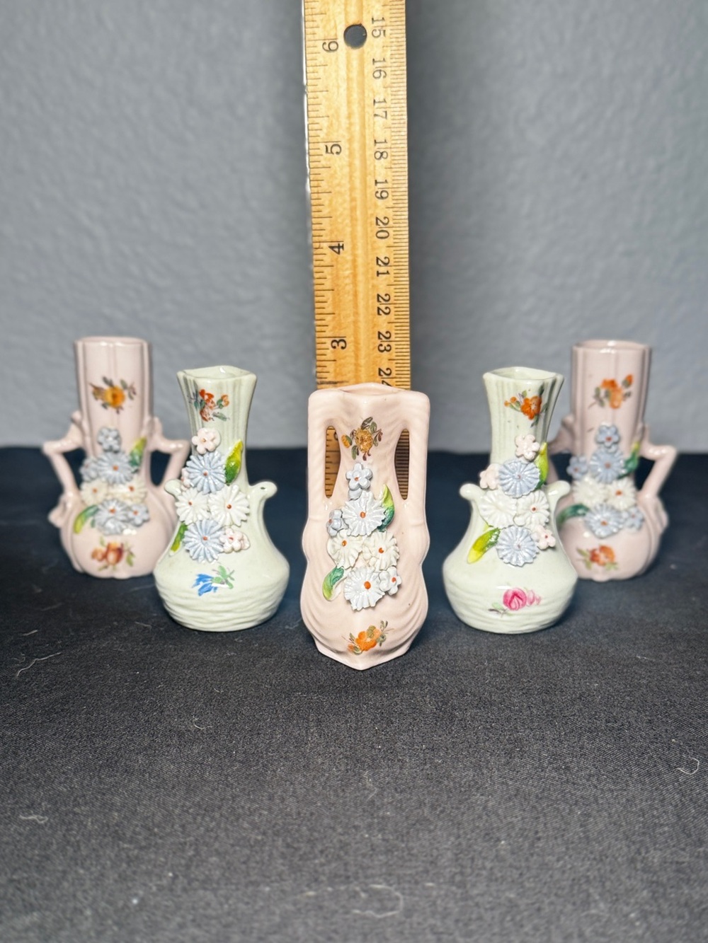 Vintage German Miniature Porcelain Bud Vases Set of 5 Applied 3D Floral Accents - Picture 14 of 14
